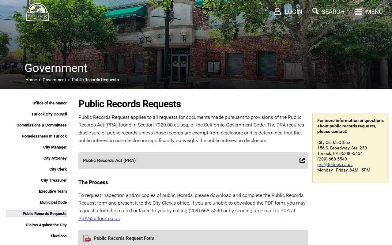 Turlock residents directory reference to the city public-records request route