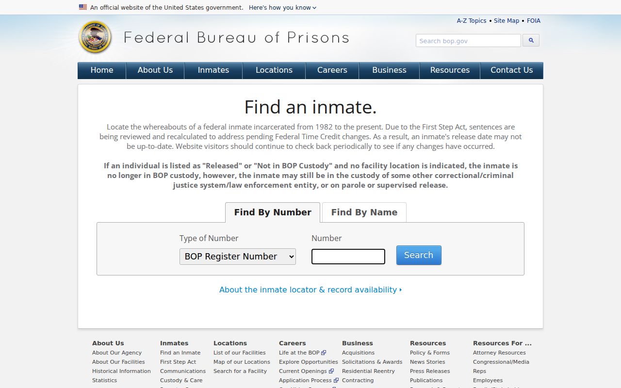 Turlock resident lookup view of Federal Bureau of Prisons locator