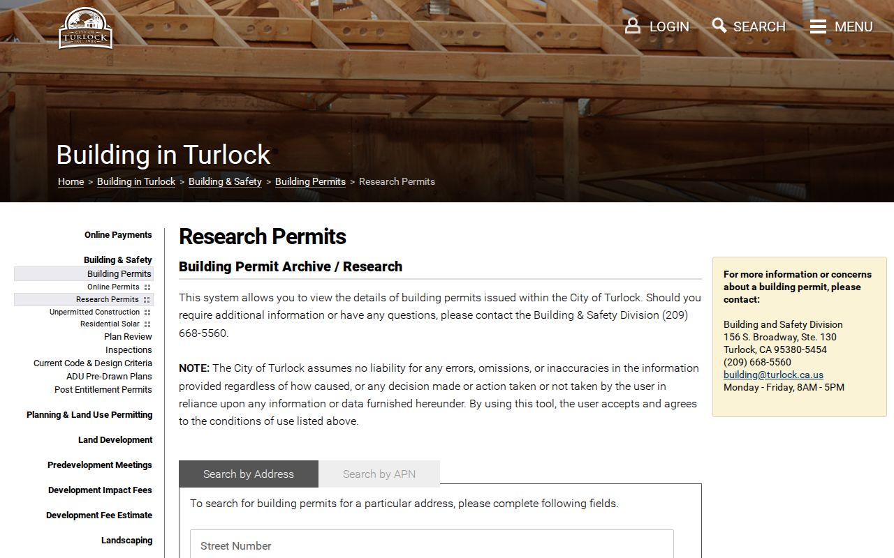 Turlock street directory address search for issued building permits