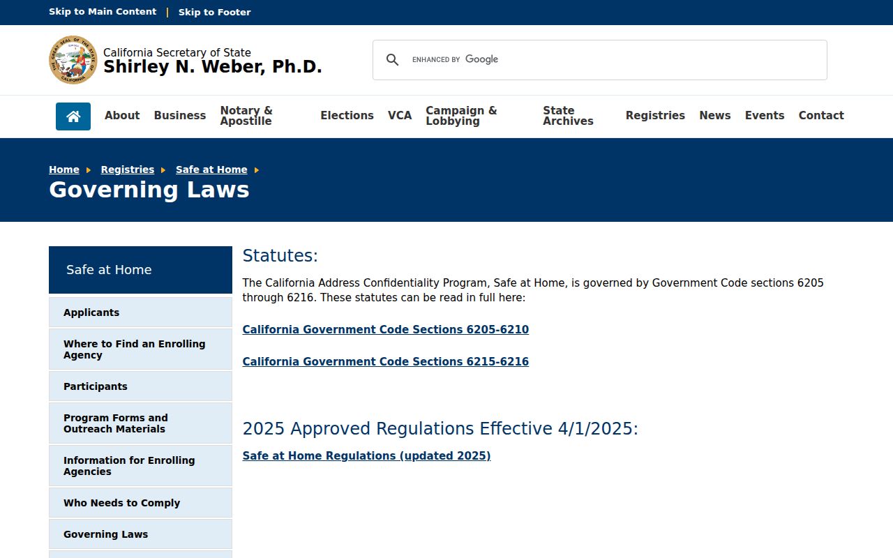 Turlock ZIP code directory reference to Safe at Home governing laws